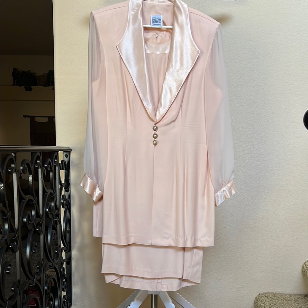 Elegant Pale Peach  Dress & Jacket with Sheer Sleeves and Satin trim.